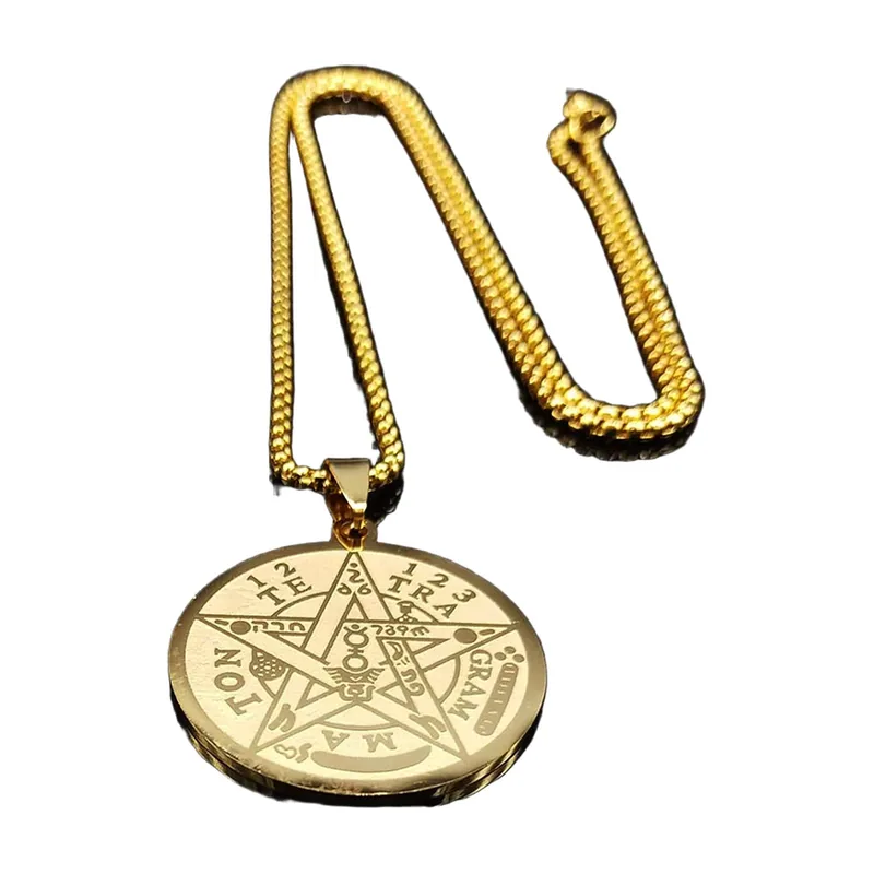 Pendente Pentagramma Tetragrammaton con Catena Curb, Acciaio Inossidabile