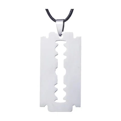Razor Blade Pendant Necklace on Black Cord, Stainless Steel