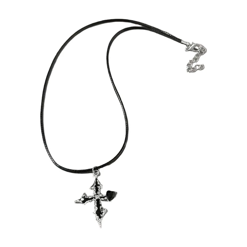 Pendentif Croix Gothique avec Pierre Noire, Acier Inoxydable