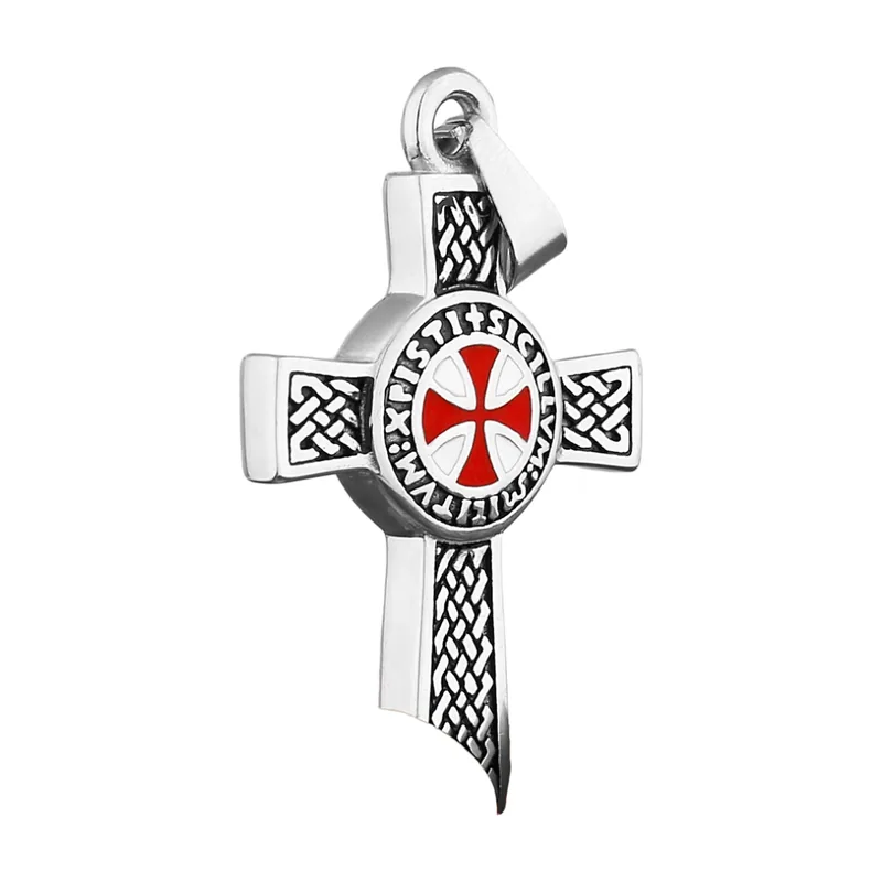 Templar Cross Pendant with Red Stone, 316L Stainless Steel