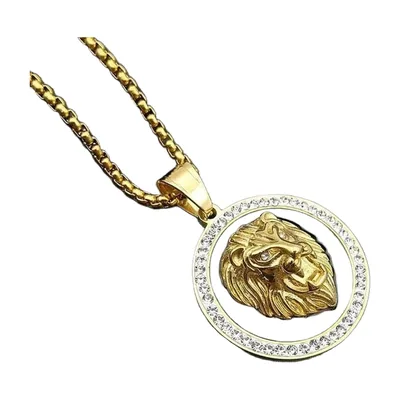 Löwenkopf-Anhänger mit Zirkonia und Panzerkette, Edelstahl