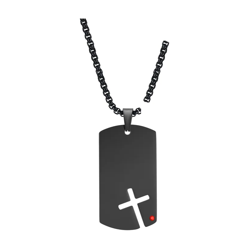 Colgante Dog Tag con Cruz y Piedra Roja, Acero Inoxidable