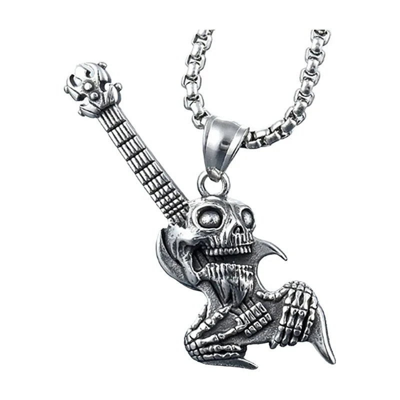 Collier Pendentif Guitare et Crâne, Acier Inoxydable