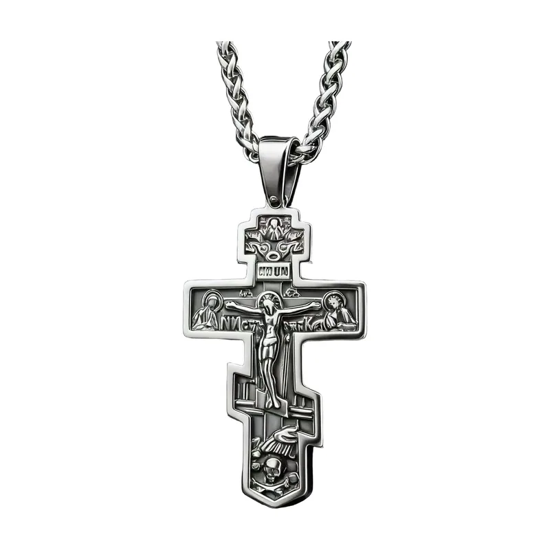 Collier Pendentif Croix Orthodoxe et Chaîne, Acier Inoxydable 316L