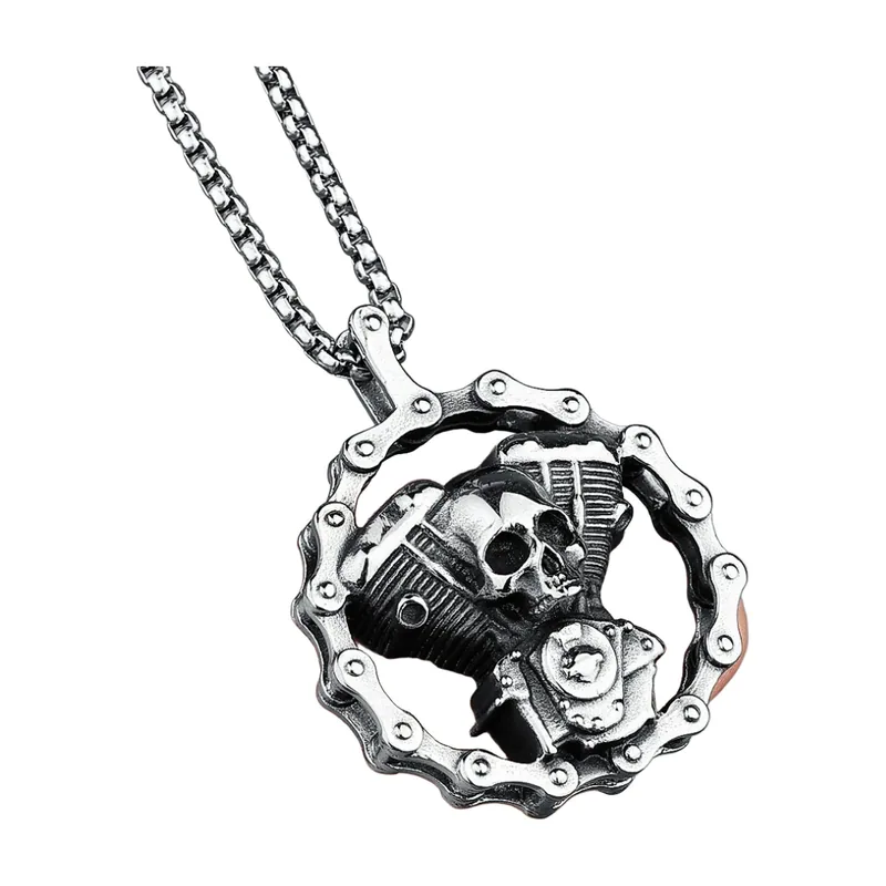 Collier Pendentif Crâne et Moteur avec Chaîne, Acier Inoxydable