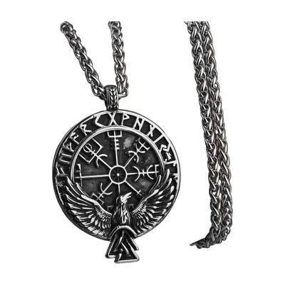 Vegvisir Wikinger Kompass Anhänger mit Rabe und Runen, Edelstahl
