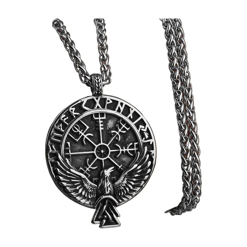 Colgante Vegvisir Brújula Vikinga con Cuervo y Runas, Acero Inoxidable