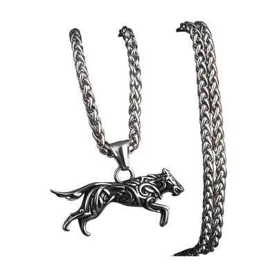 Wolf Anhänger mit Nordischen Gravuren, Edelstahl