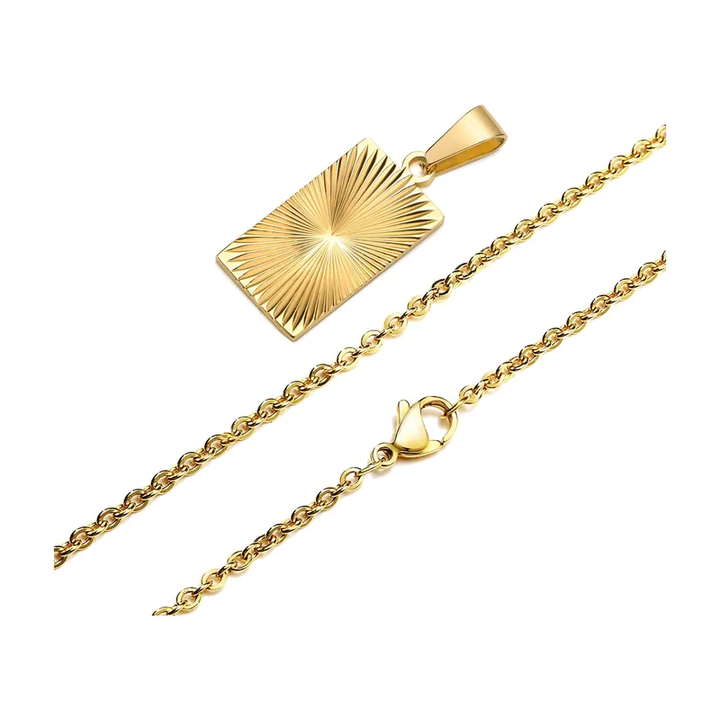 Pendentif Rectangulaire Sunburst avec Chaîne, Acier Inoxydable