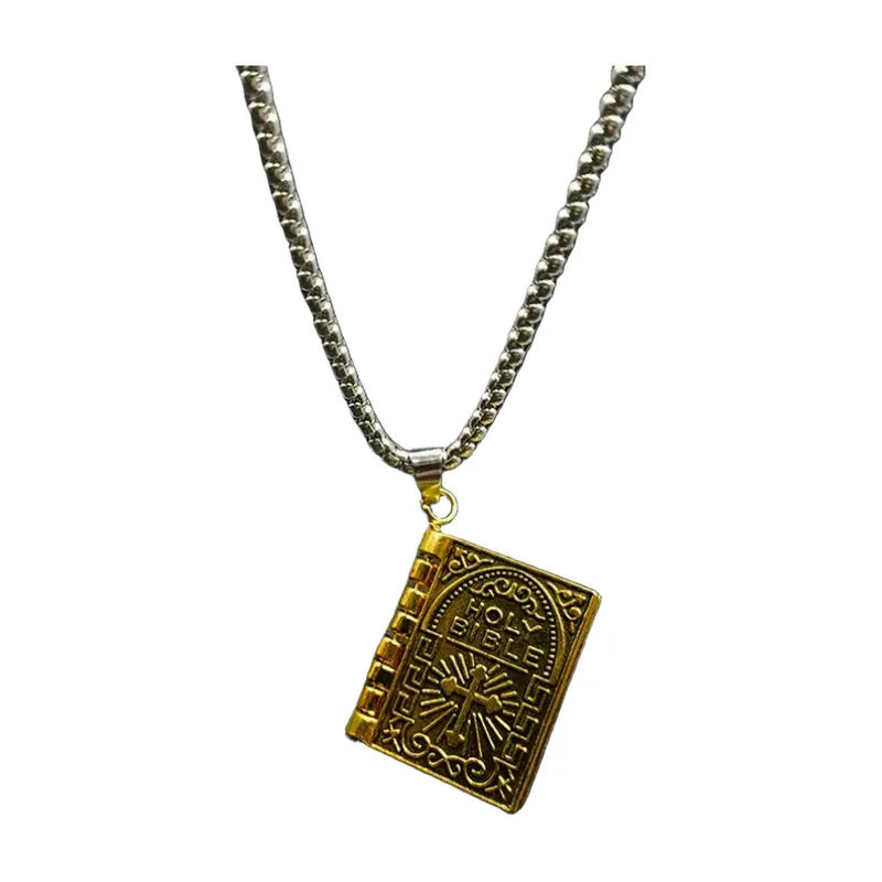Colgante de la Biblia Sagrada con Cadena Curb, Acero Inoxidable