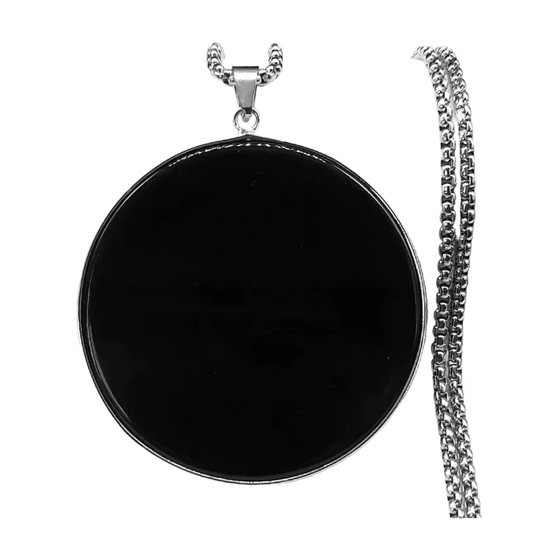 Black Obsidian Circle Pendant with Curb Chain, Stainless Steel