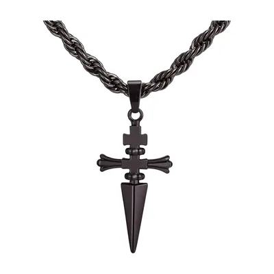 Sword Pendant Necklace with Rope Chain, Black Stainless Steel