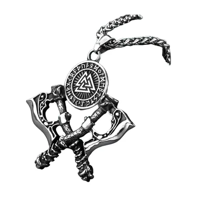 Colgante de Doble Hacha con Vegvisir y Runas, Acero Inoxidable