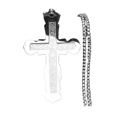 Collier Pendentif Croix Gravée et Chaîne Boîte, Acier Inoxydable