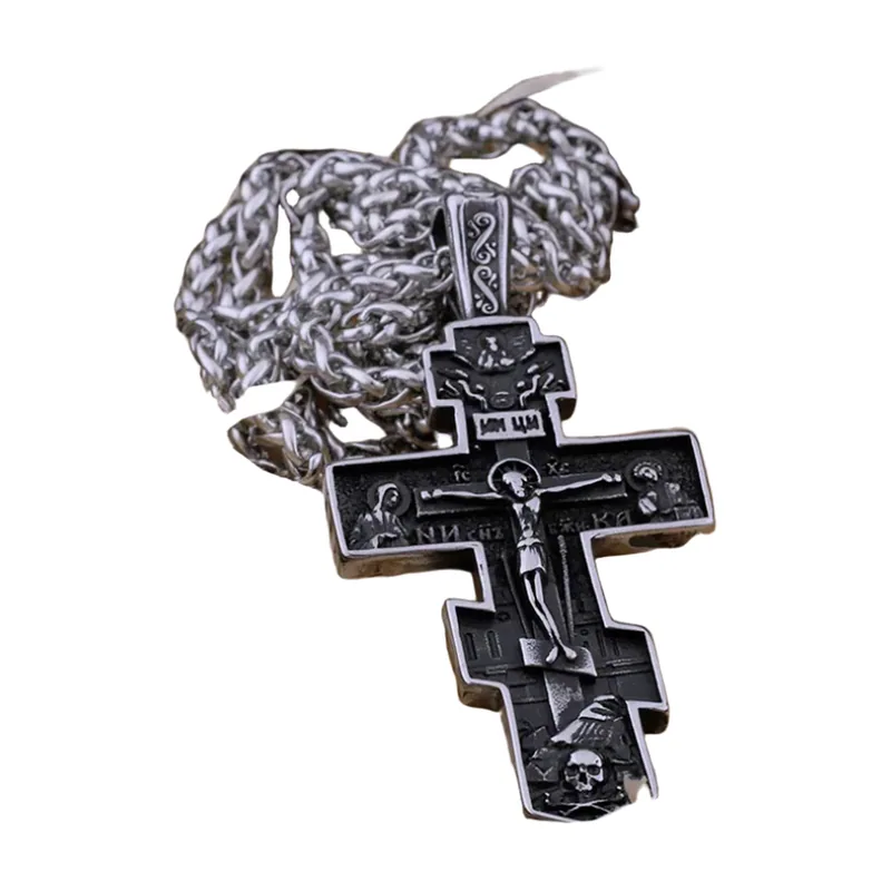 Pendente Croce Ortodossa con Catena Curb, Acciaio Inossidabile 316L