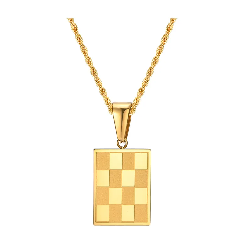Rectangular Checkerboard Pendant with Rope Chain, Stainless Steel