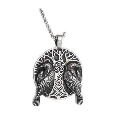 Yggdrasil und Odins Raben Anhänger mit Kette, Edelstahl