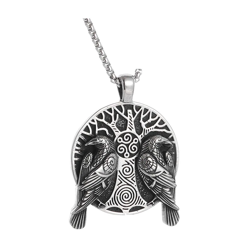 Yggdrasil und Odins Raben Anhänger mit Kette, Edelstahl