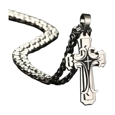 Colgante de Cruz Fleur-de-lis con Cadena Bizantina, Acero Inoxidable