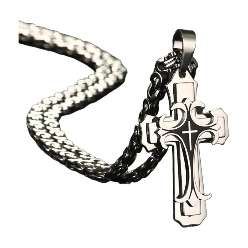 Collier Croix Fleur de Lys avec Chaîne Byzantine, Acier Inoxydable