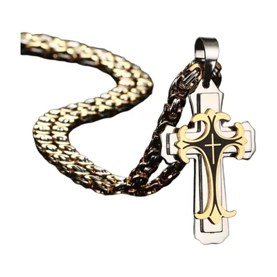 Colgante de Cruz Fleur-de-Lis con Cadena Bizantina, Acero Inoxidable