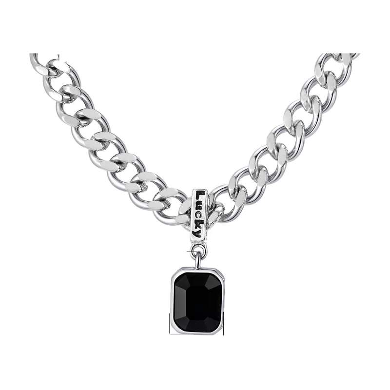 Pendentif Carré avec Pierre Noire et Détail Lucky, Acier Inoxydable