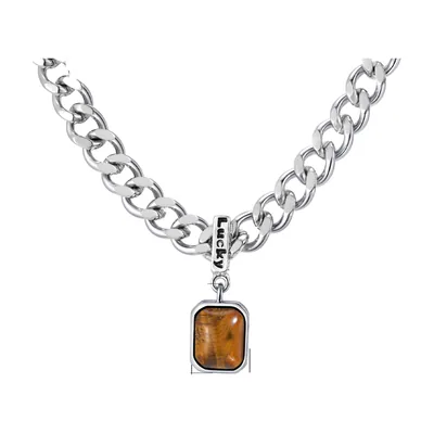 Quadratischer Anhänger mit braunem Stein und Glücks-Tag, Edelstahl