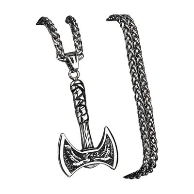 Colgante de los Cuervos de Odín y Hacha Doble con Cadena, Acero Inoxidable