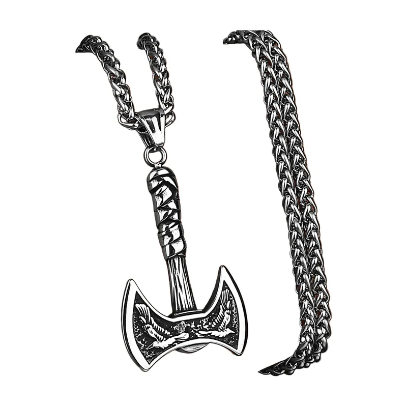 Pendentif Odin Corbeaux et Hache Double avec Chaîne, Acier Inoxydable