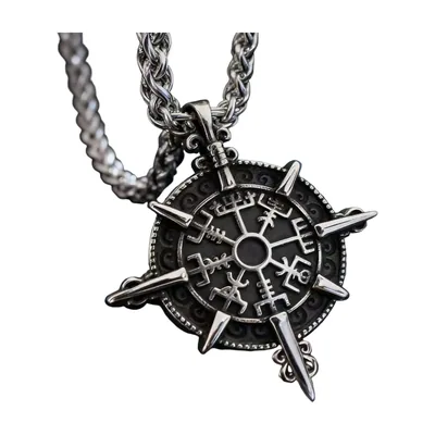 Vegvisir Wikinger Kompass Anhänger mit Runenkette, Edelstahl