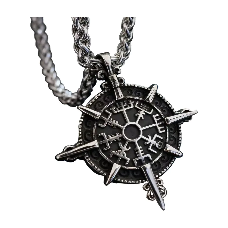 Vegvisir Wikinger Kompass Anhänger mit Runenkette, Edelstahl