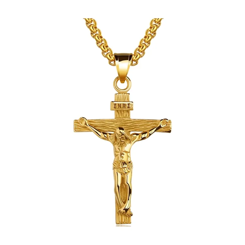 Collana con Pendente Crocifisso e Catena Curb, Acciaio Inox 316L