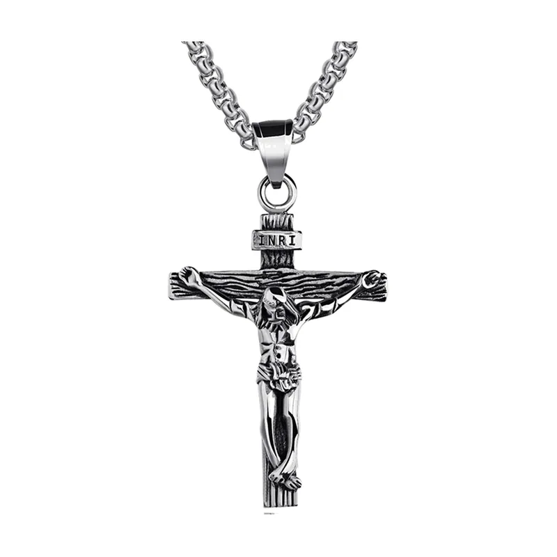 Colgante de Crucifijo con Figura de Jesús, Acero Inoxidable