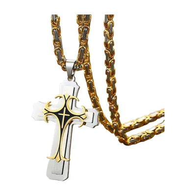 Colgante de Cruz con Detalles Dorados y Cadena, Acero Inoxidable