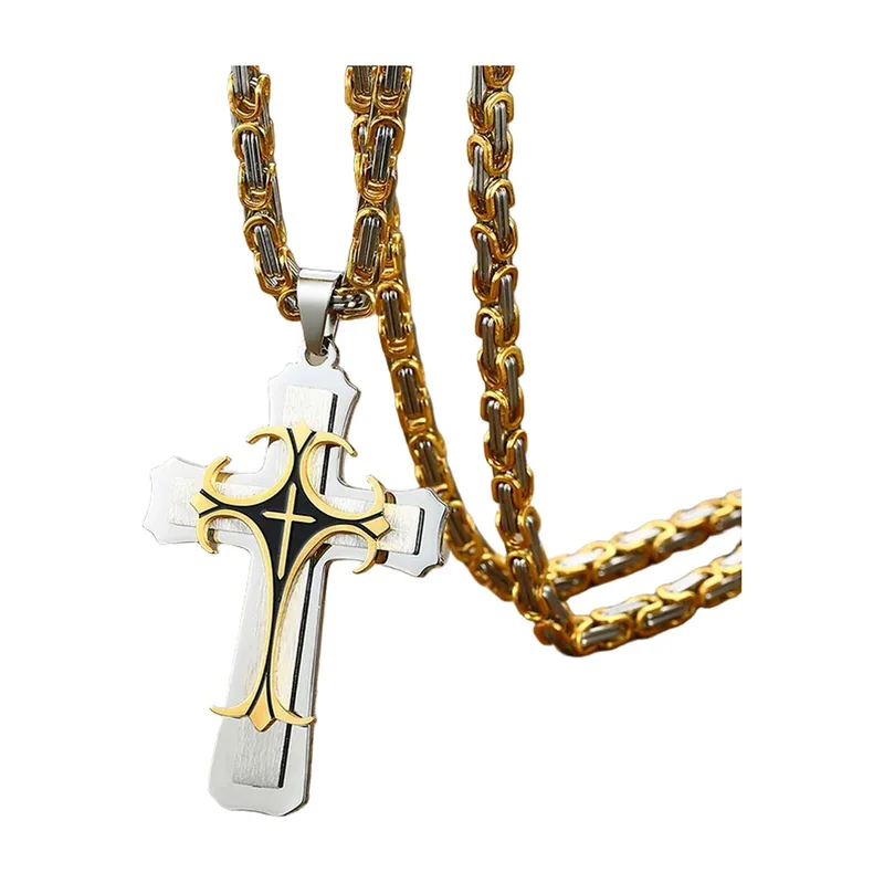 Collana con Pendente a Croce e Dettagli Dorati, Acciaio Inossidabile