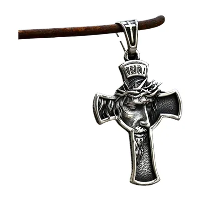 Collier Pendentif Croix avec Visage de Jésus, Acier Inoxydable