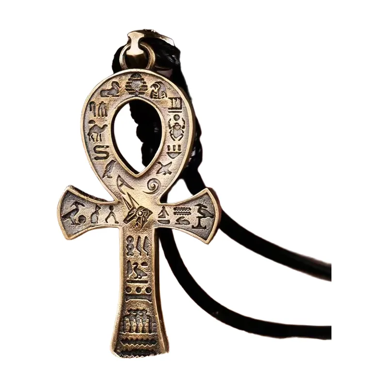 Ägyptischer Ankh Anhänger mit Hieroglyphen und Kordelkette, Edelstahl