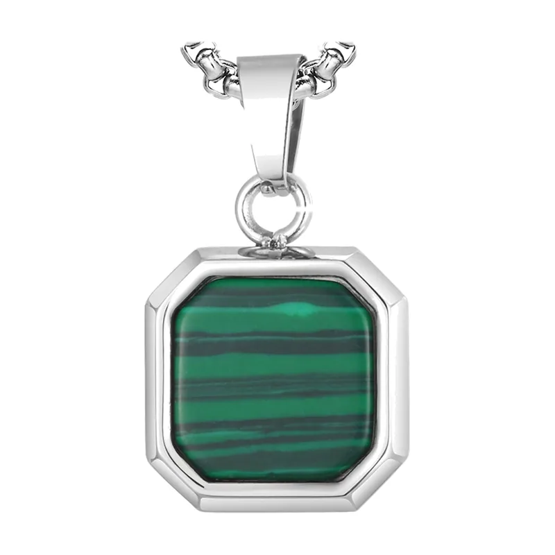Collier avec Pendentif Carré et Pierre Verte, Acier Inoxydable