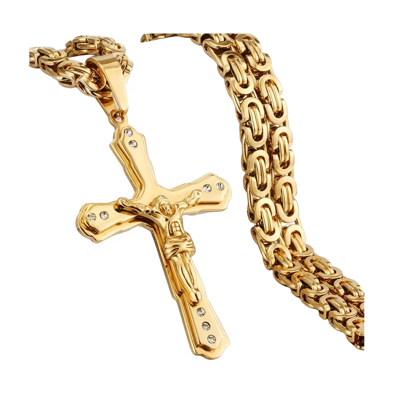 Collier Crucifix avec Chaîne Byzantine, Acier Inoxydable