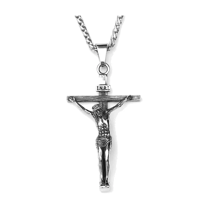 Collier avec Pendentif Crucifixe et Figure de Jésus, Acier Inoxydable