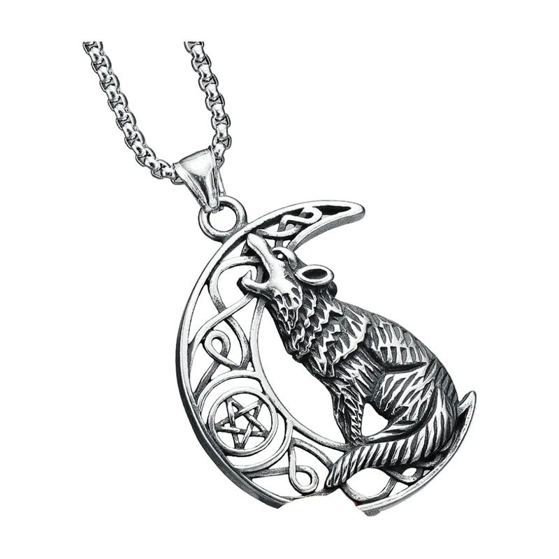 Wolf and Crescent Moon Pendant with Celtic Knots, Stainless Steel