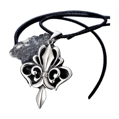 Collana con Pendente Fleur de Lis e Cordino Nero, Acciaio Inossidabile