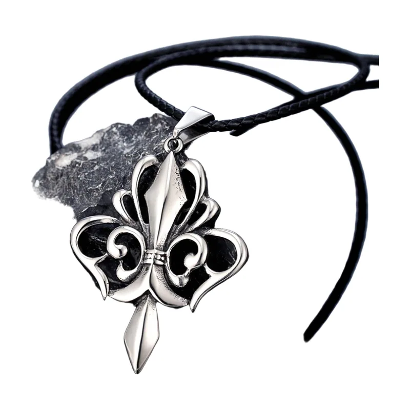 Colgante de Fleur de Lis con Cordón Negro, Acero Inoxidable