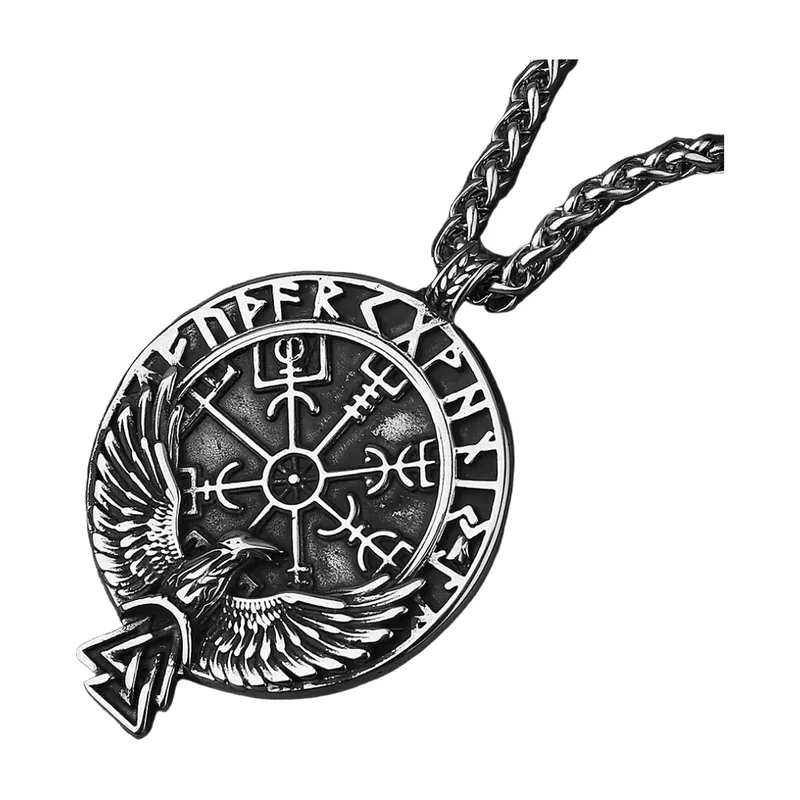 Odin Raben-Anhänger mit Vegvisir und Runenkette, Edelstahl