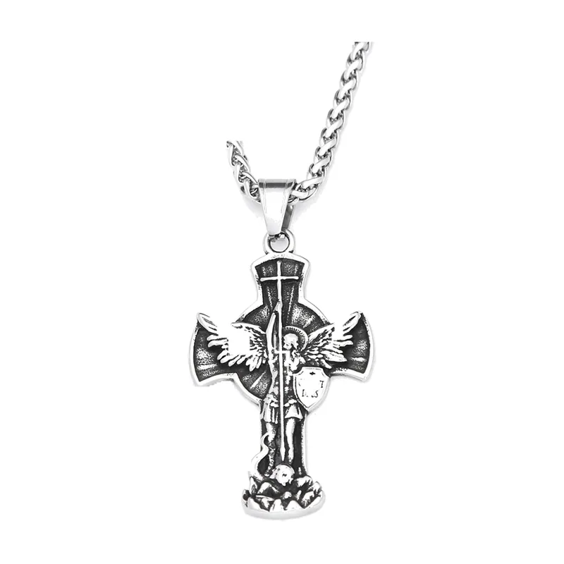 Erzengel Michael Kreuz-Anhänger mit Panjerkette, Edelstahl