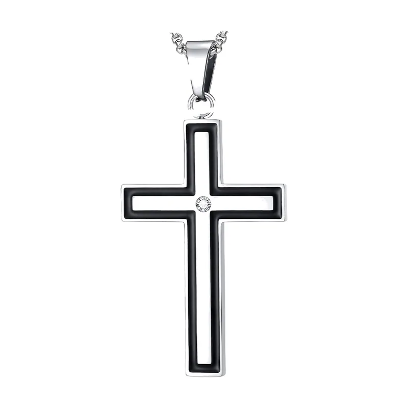 Collier Pendentif Croix avec Émail Noir et Zirconia, Acier Inoxydable