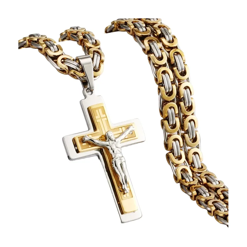 Pendentif Crucifix avec Chaîne Byzantine, Acier Inoxydable