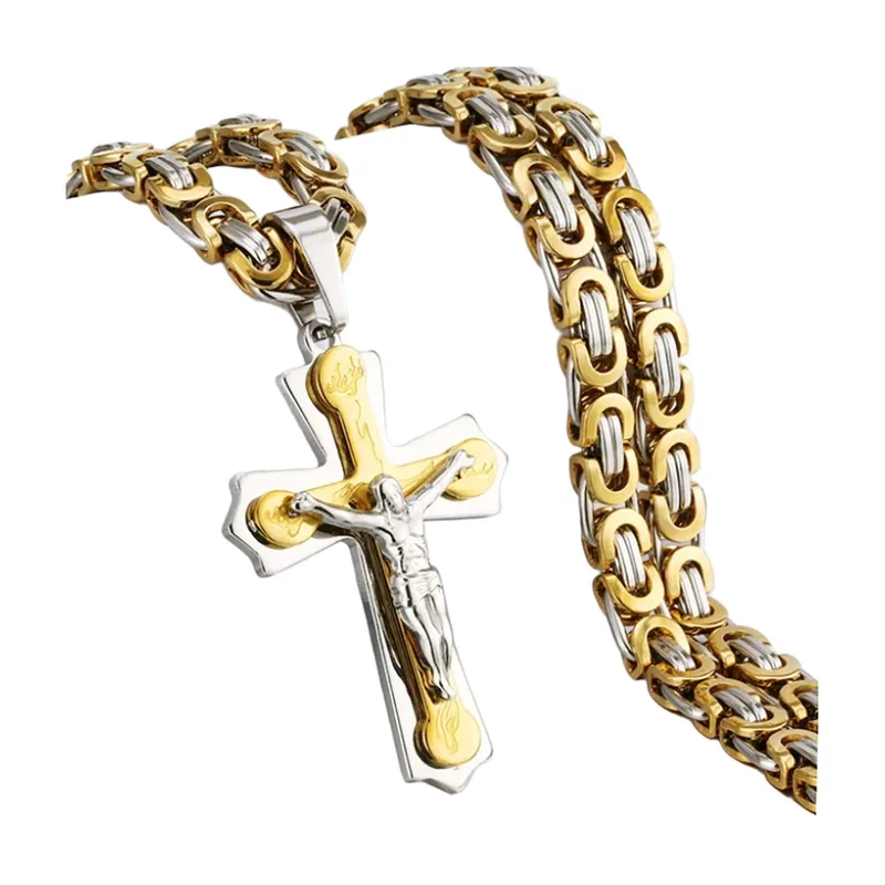 Colgante de Crucifijo con Cadena Bizantina, Acero Inoxidable