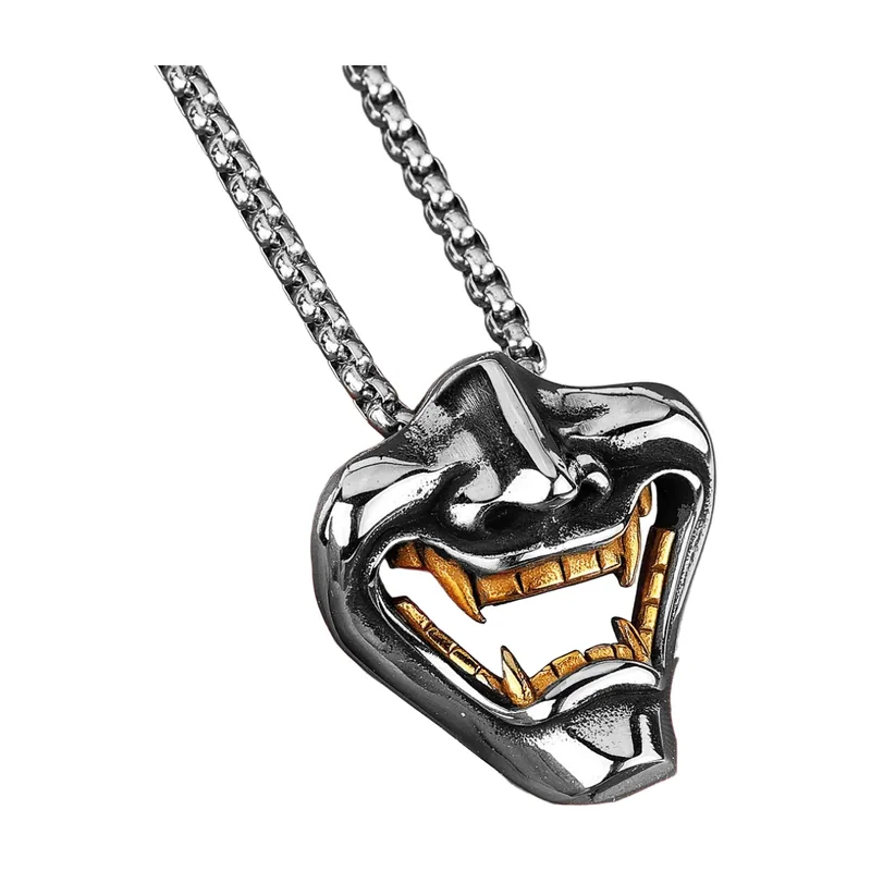 Pendentif Bouche du Diable aux Dents Dorées, Acier Inoxydable