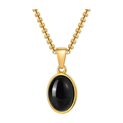 Collana con Pendente Ovalizzato e Pietra Nera, Acciaio Inossidabile